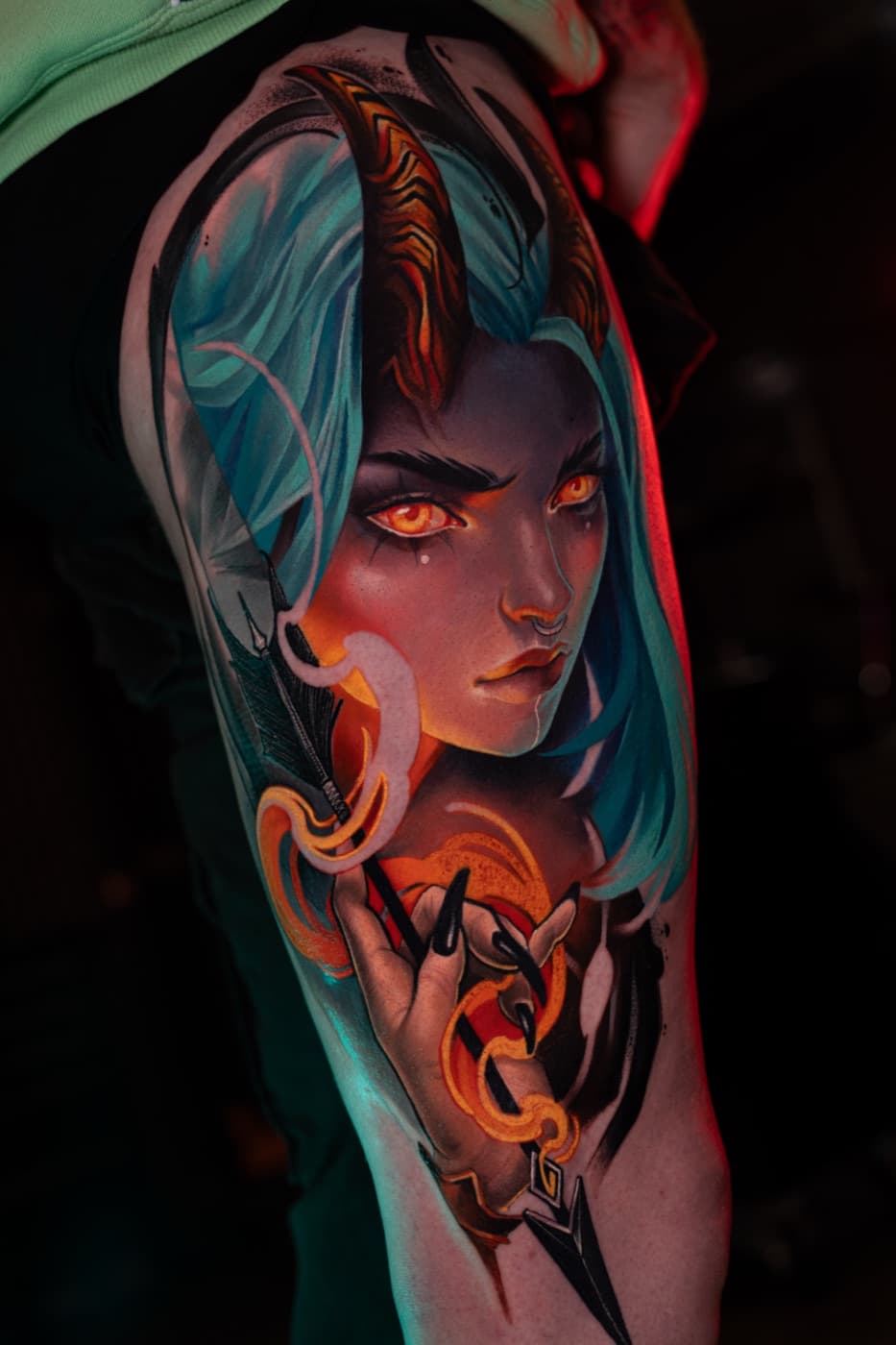 Custom colour illustration tattoo by veda.ink, Brighton